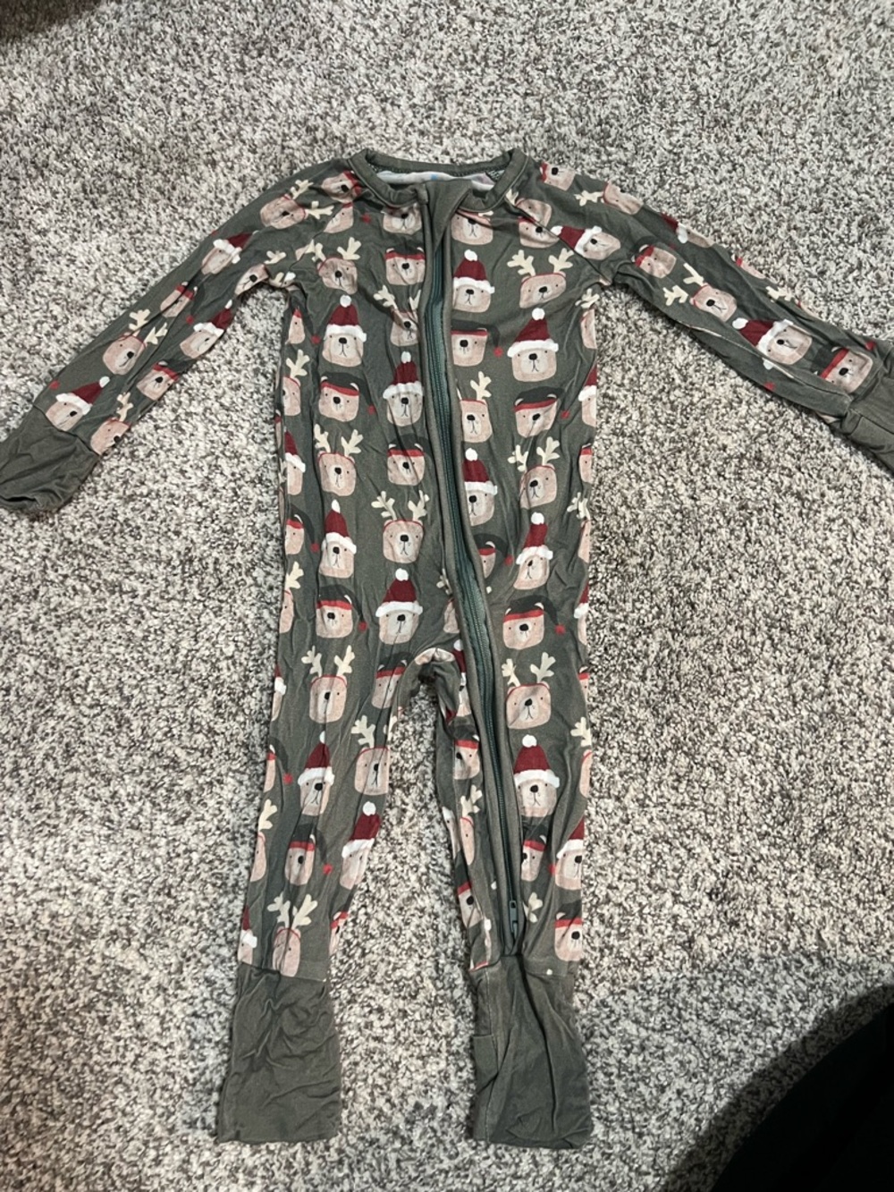 Olive Green Bear Print Kids Footed Pajamas with Zipper